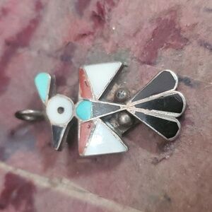 VINTAGE SILVER ZUNI INLAY BROOCH PENDANT EAGLE BIRD TURQUOISE CORAL DW765